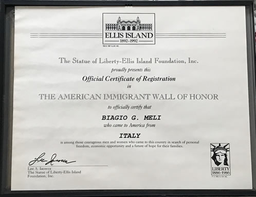Ellis Island Certificate